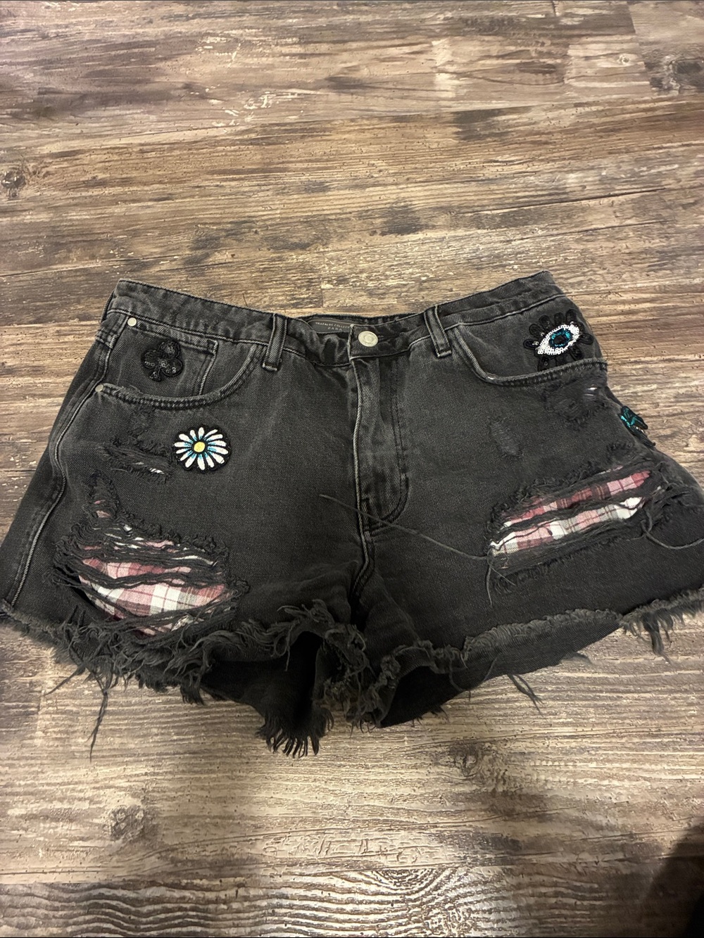 Zara Black Distressed Jean Shorts with Plaid Insets